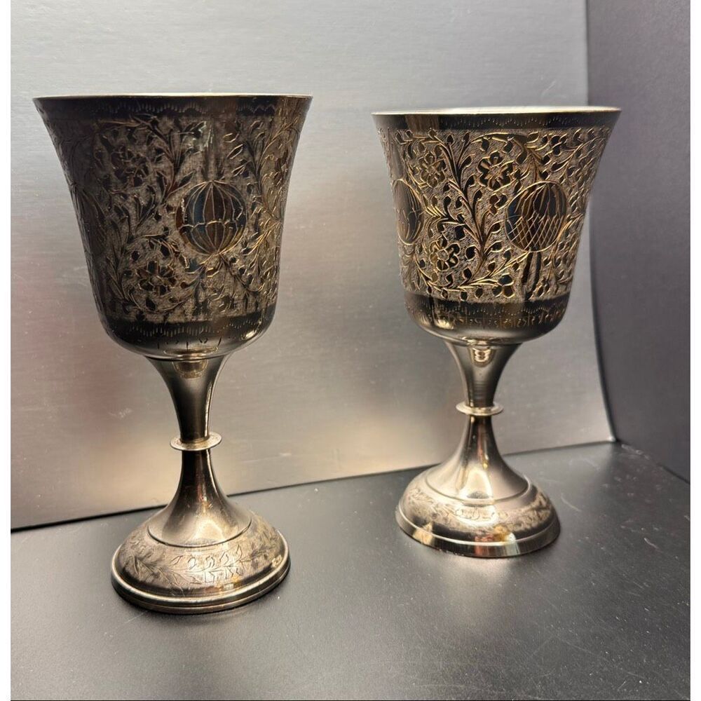WORLD GIFT ZY INDIA Silver Plated Brass With Etched Design Set Of 2 Goblets